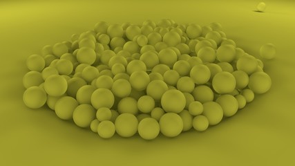 Poster - 3d image of many yellow balls of different sizes in one big pile on a yellow surface. all objects in