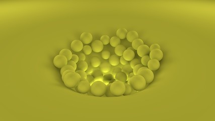 Poster - 3d image of many yellow balls of different sizes in one big pile on a yellow surface. all objects in