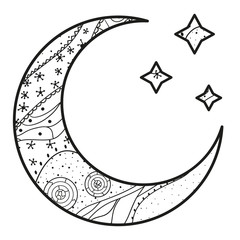 Crescent moon with stars with abstract patterns on isolation background. Design for spiritual relaxation for adults. Black and white illustration for anti stress colouring page