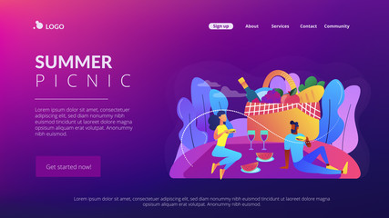 Poster - Girlfriend and boyfriend dating, couple in love eating lunch on nature. Summer picnic, park family time spending, cookout special supplies concept. Website homepage landing web page template.