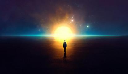 silhouette of a man against the bright sun and starry sky