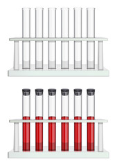 Wall Mural - A set of test tubes in racks. Empty and blood filled tubes. Special laboratory equipment for medicine, pharmacy and biology. Vector