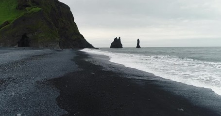 Poster - Aerial drone video of Iceland famous black sand beach Reynisfjara with people. Landscape travel video of amazing nature on Iceland on South Iceland. 4K drone.