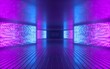 © wacomka - 3d render, blue pink neon light abstract background, night club empty room interior, tunnel or corridor, glowing panels, fashion podium, performance stage decorations,