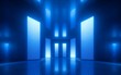 © wacomka - 3d render, blue neon abstract background, ultraviolet light, night club empty room interior, tunnel or corridor, glowing panels, fashion podium, performance stage decorations,