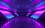 Fototapeta Perspektywa 3d - 3d render, blue pink violet neon abstract background, ultraviolet light, night club empty room interior, tunnel or corridor, glowing panels, fashion podium, performance stage decorations,
