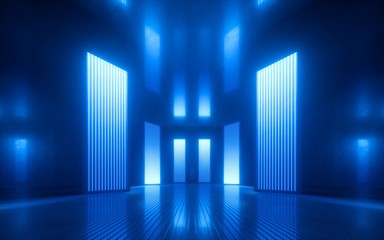 Wall Mural - 3d render, blue neon abstract background, ultraviolet light, night club empty room interior, tunnel or corridor, glowing panels, fashion podium, performance stage decorations,