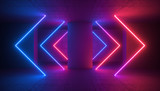 Fototapeta Do przedpokoju - 3d render, neon light glowing arrows, cyber space in virtual reality, concrete column in underground parking, tunnel, corridor, ultraviolet abstract background