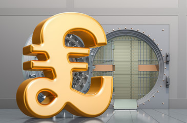 Poster - pound sterling sign with opened bank vault, 3d rendering