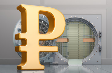 Poster - ruble sign with opened bank vault, 3d rendering