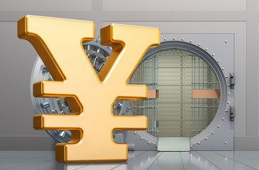 Poster - yen or yuan symbol sign with opened bank vault, 3d rendering