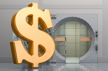 Poster - dollar sign with opened bank vault, 3d rendering