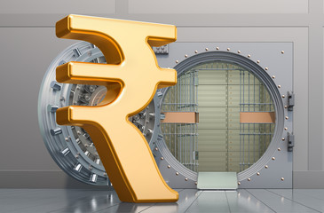 Poster - rupee sign with opened bank vault, 3d rendering