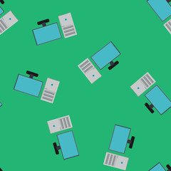 Poster - Seamless pattern, texture of modern powerful digital office computers with a monitor and a rectangular system unit, technology isolated against a green background