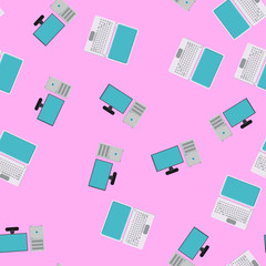 Poster - Seamless pattern, texture of modern powerful digital laptops and office computers with a monitor and a rectangular system unit, technology isolated on a pink background