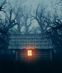 Wall Mural - Light from window of an old cabin in haunted forest,3d illustration for your book cover project
