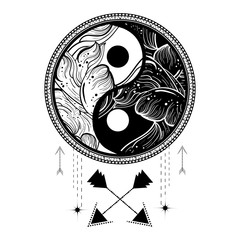 yin yang tattoo art style. bohemian logo, badge, sign with waves. adventure vibes.