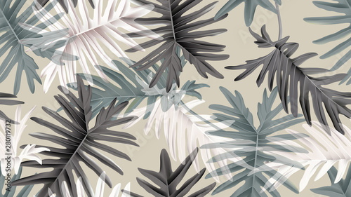 botanical-seamless-pattern-green-black-and-white-philodendron-bipinnatifidum-on-light-brown-pastel-vintage-theme