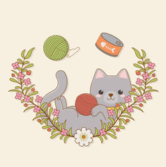 Sticker - cute little cat mascot with tuna can and wool roll