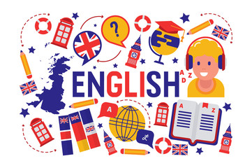 British english language learning class vector illustration. Brittish flag logo, England, dictionary, Big Ben, girls cartoon character in earphones, english language exchange program.