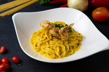 Sticker - Spaghetti with olive oil with crab and topping with deep fried soft shell crab