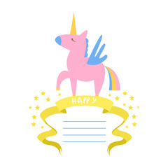 Sticker - Beautiful Unicorn Card Template with Place For Text, Birthday Invitation, Banner, Poster, Brochure, Kids Party Design Element Vector Illustration