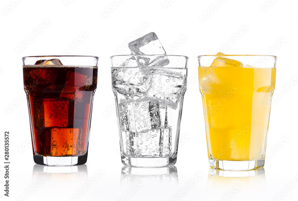 Glasses of cola and orange soda drink and lemonade - obrazy, fototapety, plakaty 