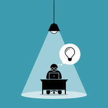 Stick Figure Man Concentrating And Focusing On His Computer Work And Thinking Of New Idea Under A Spot Light. Vector Artwork Concept Depicts Focus, Working Hard, Dedication, And High Attention.