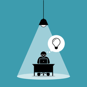 Stick figure man concentrating and focusing on his computer work and thinking of new idea under a spot light. Vector artwork concept depicts focus, working hard, dedication, and high attention.