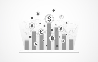 Business candle stick chart of Stock exchange market graph analysis background. on tablet world map. Vector illustration