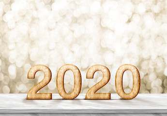 Poster - Happy new year 2020 gold glossy (3d rendering ) on white marble table with sparkling gold bokeh wall,banner for display or montage of product for holiday promotion and advertise for new year eve