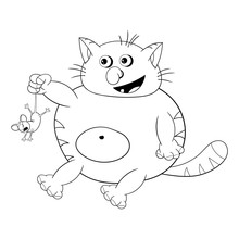Funny Cartoon Fat Cat Sits, Smiles And Holds A Small Mouse By The Tail. Black And White Coloring