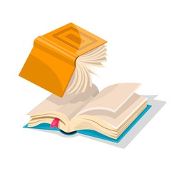 Opened inverted yellow book falling down to blue another with bookmark. Copywriting anr rewriting concept. Vector cartoon illustration for literary, educational, bookish projects isolated on white.