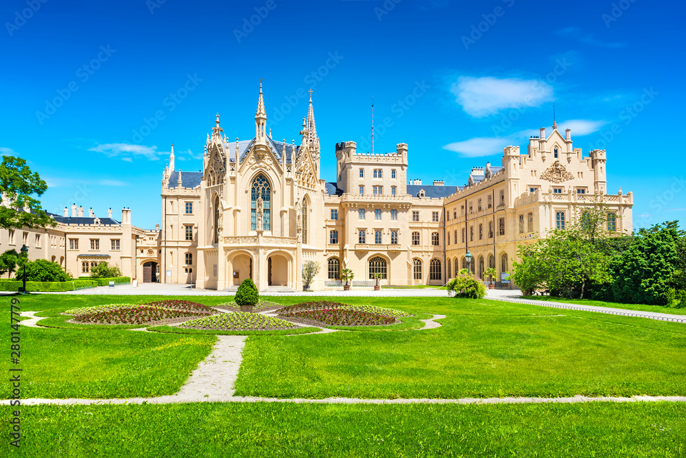 View of Lednice castle with monumental park in South Moravia – UNESCO (Czech Republic) - obrazy, fototapety, plakaty 
