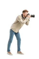 Poster - Young male photographer on white background