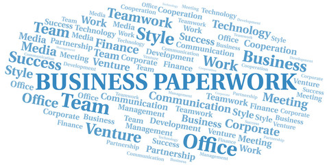 Business Paperwork word cloud. Collage made with text only.