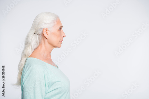 Cuadros en Lienzo Profile side photo of attractive person looking wearing turquoise sweater isolat