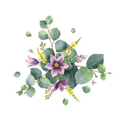 Wall Mural - Watercolor vector bouquet with green eucalyptus leaves and flowers.