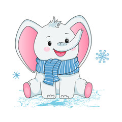  Small grey elephant in scarf. Children illustration