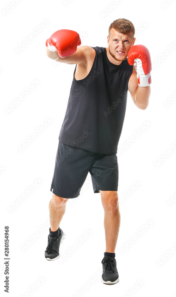 Strong male boxer on white background