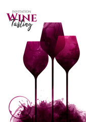 Wall Mural - Illustration of three glasses of red wine, elongated. Wine stains and drops. White background with sample text. Elegant, creative, artistic. Poster, flyer, banner, magazine cover, decoration.
