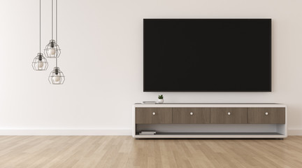 Poster - View of white living room in minimal style with hanging lamp on bright laminate floor.Interior design with black screen TV on white wall, 3d rendering.	