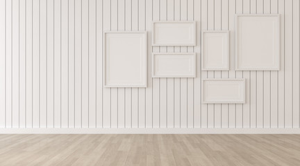 Wall Mural - Mock-up of picture frame on white plank wood wall. Perspective of minimal Interior design. 3d rendering.