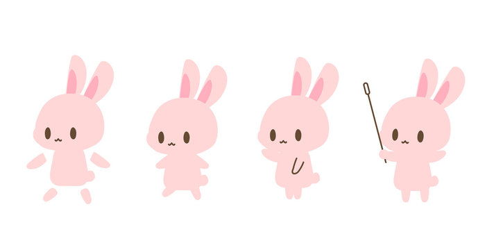 ピンクうさぎイラスト・うさ耳顔手足胴体パーツ分け素材・指し棒・指示・教えるイラストアイコン