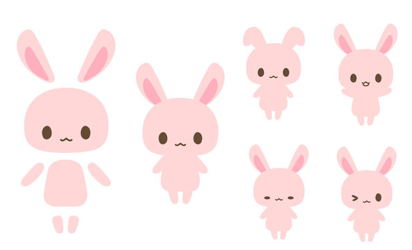 ピンクうさぎイラスト・顔手足胴体パーツ分け素材・色々表情・正面・アイコン