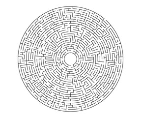 Black vector labyrinth in flat style on an isolated white background. Round maze puzzle. A game for the of logic, intelligence, find the way exit from the circle.