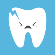 Cracked Broken Tooth Icon. Sad Face Emoticon. Crying Bad Ill Teeth With Caries. Cute Cartoon Kawaii Funny Baby Character. Oral Dental Hygiene. Blue Background. Flat Design.