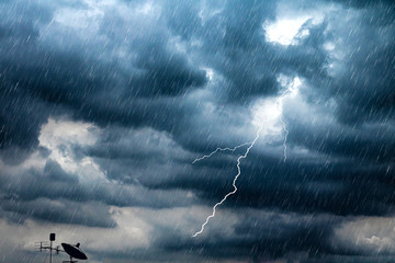 lightning and thunderstorm flash with raining background. bad weather and cloudy problem with aerial