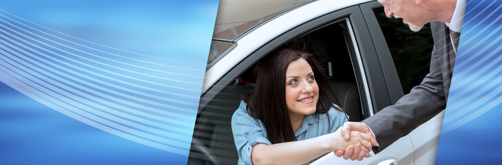 Customer and car salesman shaking hands; panoramic banner