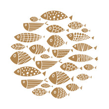 Cute Fish Card. Around Motif With Fish. Black Illustration.